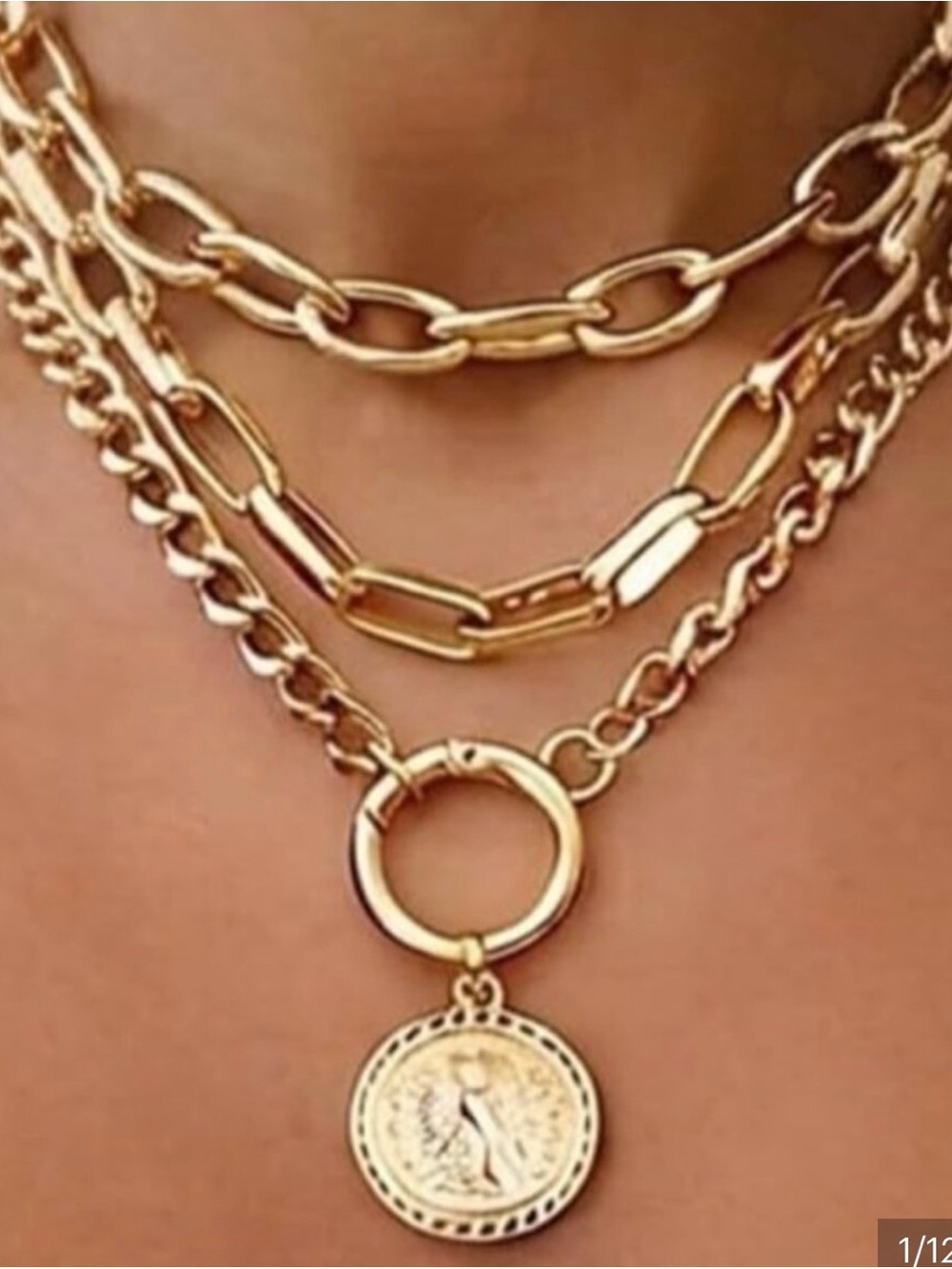 Layered Gold Coin Pendant Necklace - Unbranded